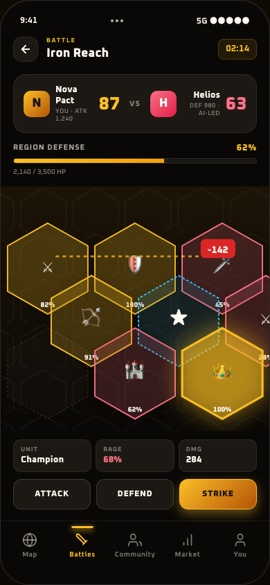 In-game battle screen showing attacker vs defender VS banner, region defense bar, and a hex grid of units with damage numbers.